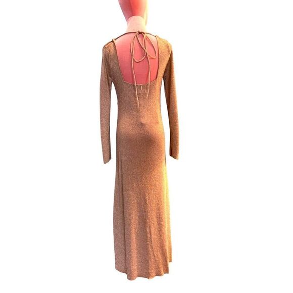 NWT MISA Los Angeles Beige Gold Metallic Midi Cut Out Waist Sweater Knit Dress M - Picture 3 of 7